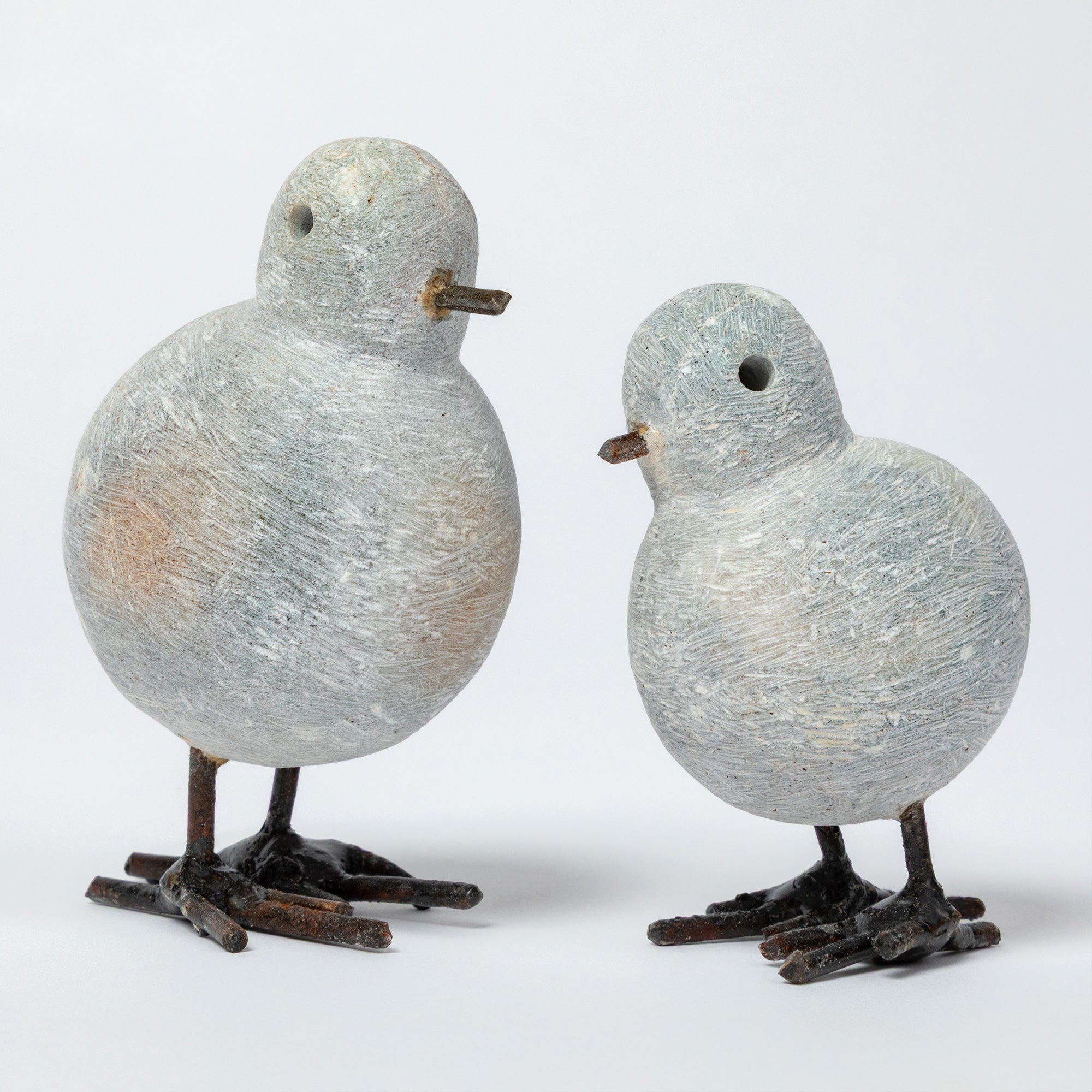 Hand-Carved Serpentine Stone & Metal Chickadee Figurine