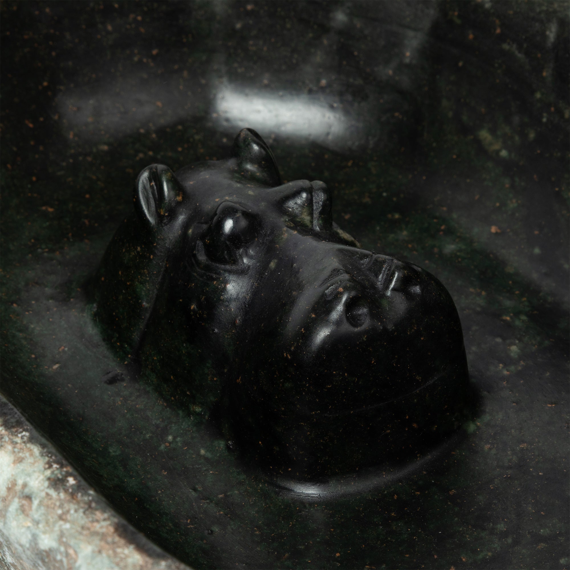 Hand-Carved Opal Stone Hippo Birdbath