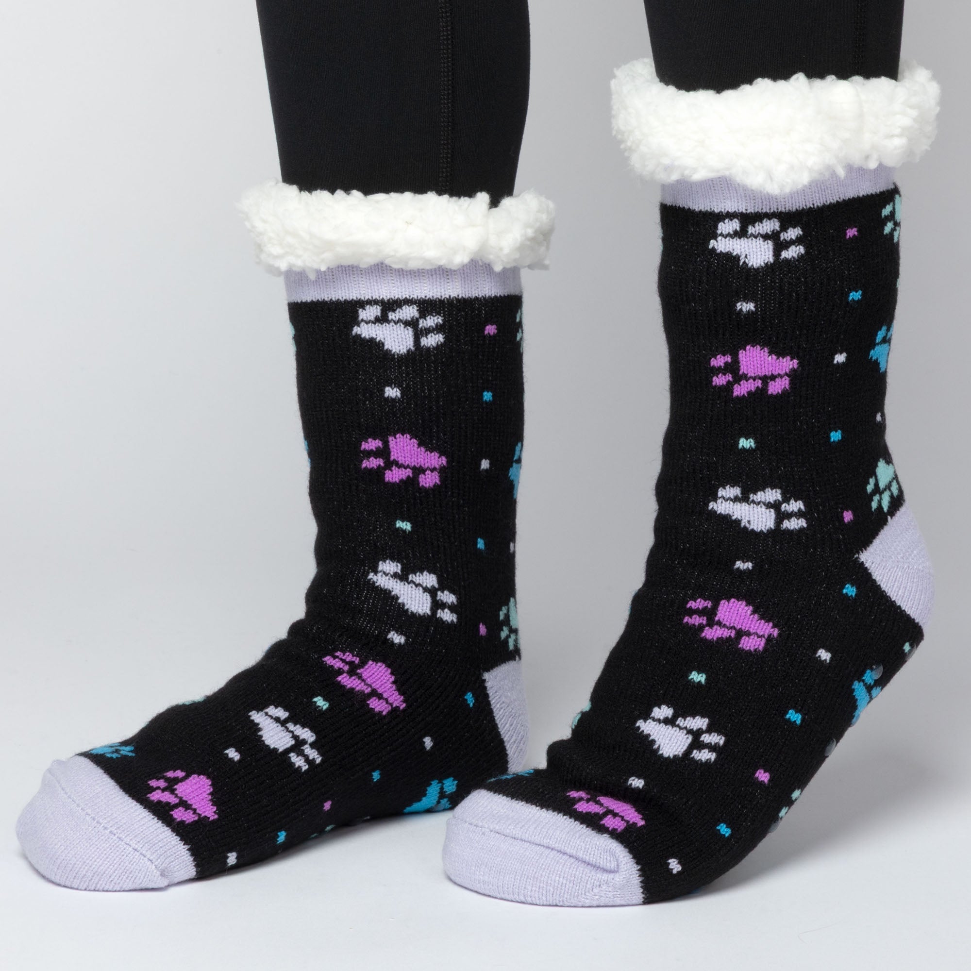 Sherpa Fleece-Lined Paw Print Cabin Slipper Socks
