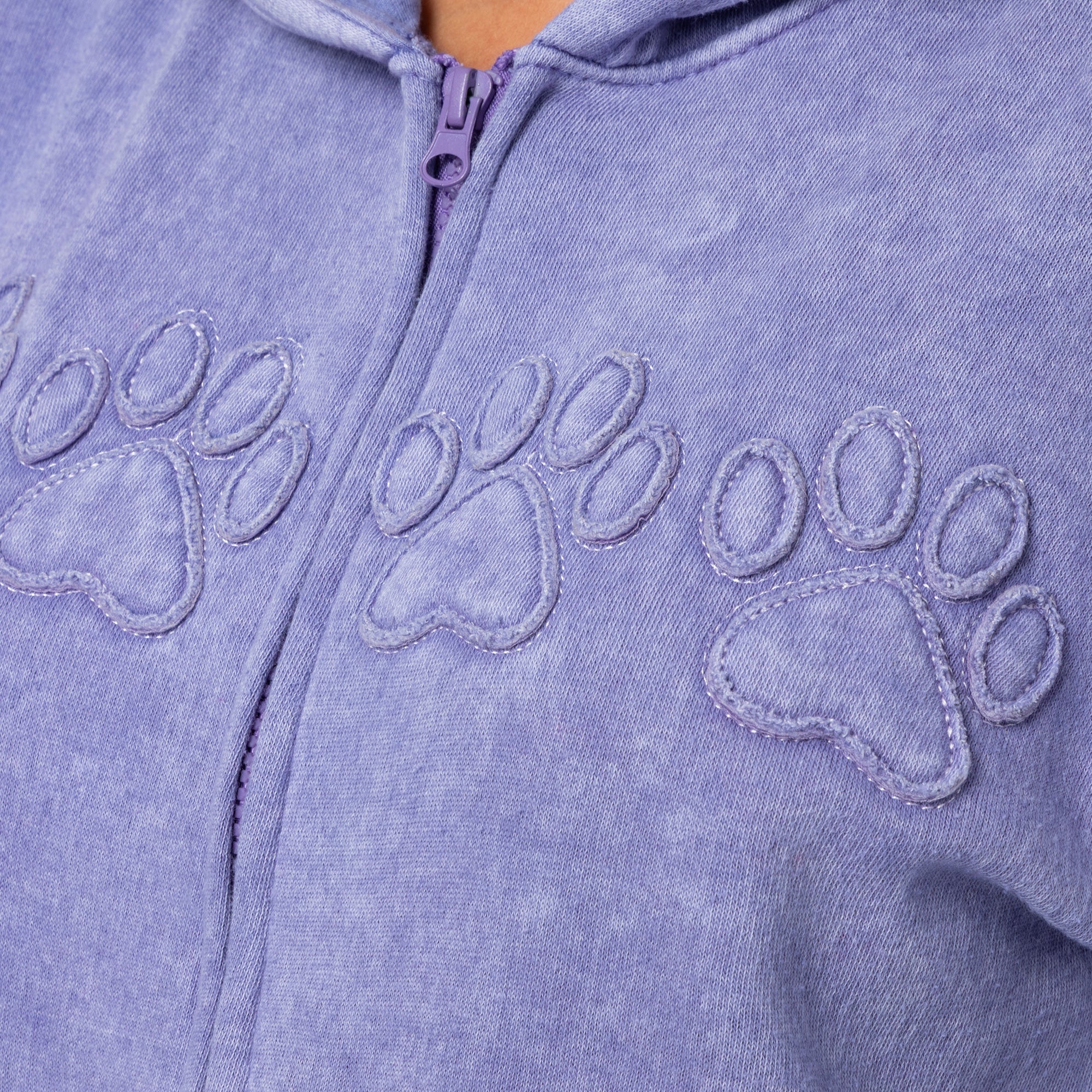 Paw Print Applique Acid Wash Zip Hoodie