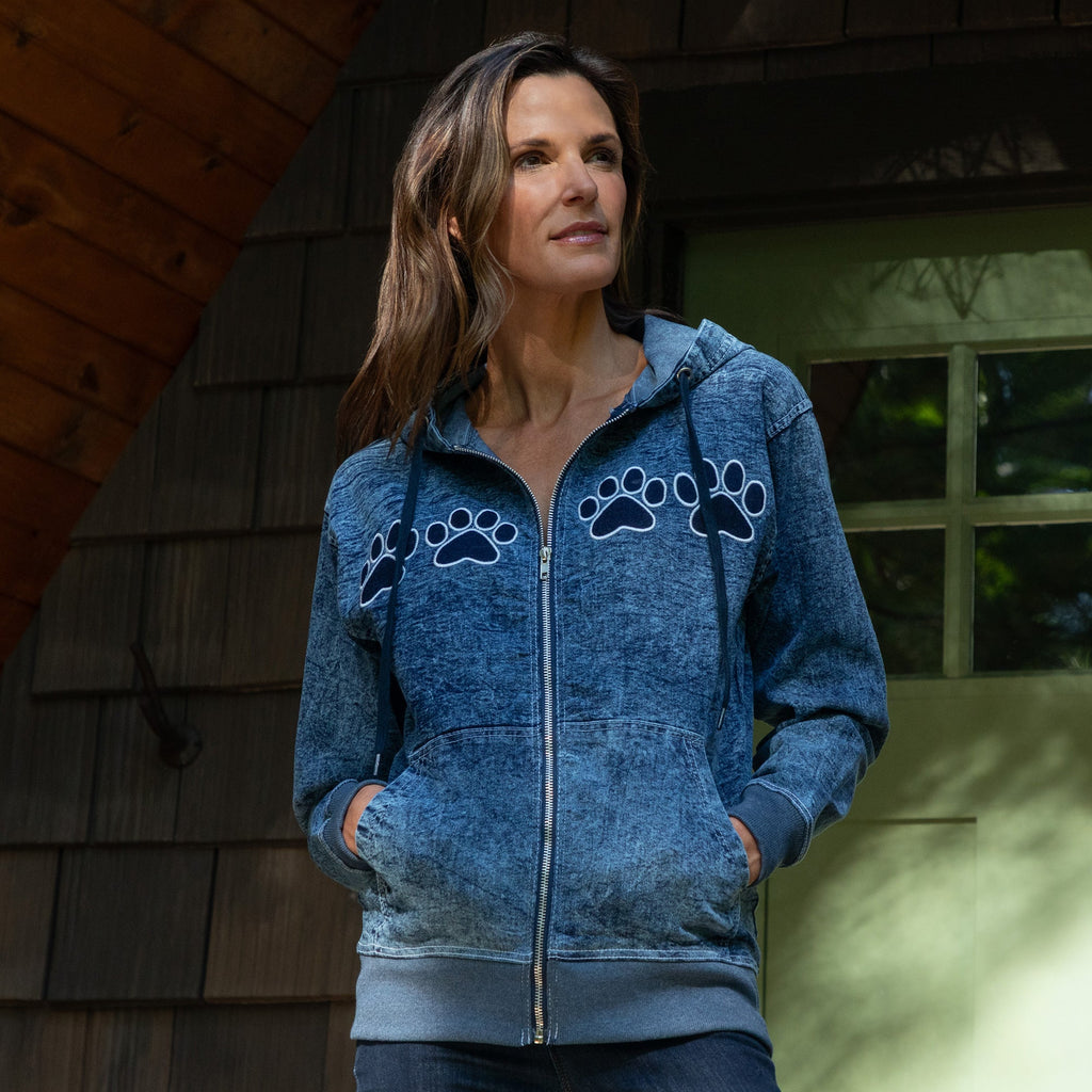 Paw Print Stretch Denim Full Zip Hoodie
