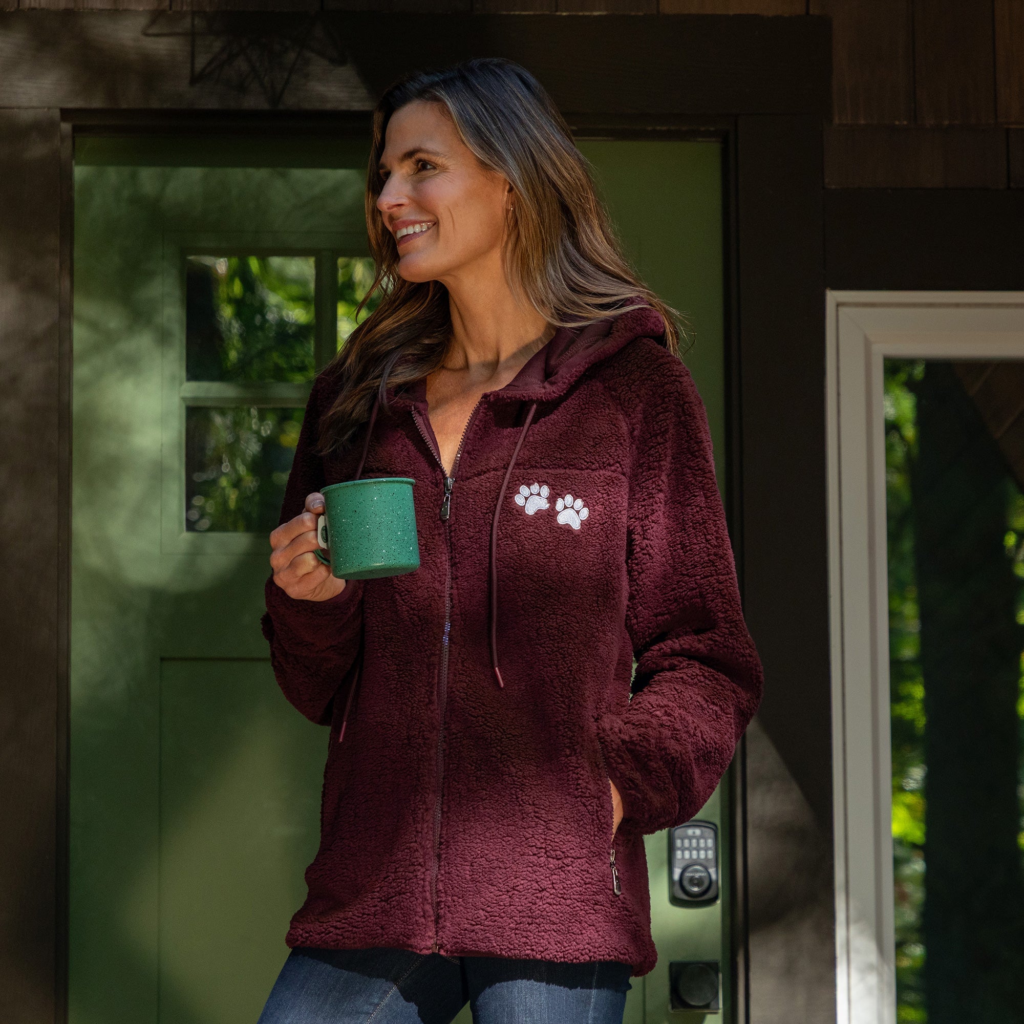 Paw Print Sherpa Full Zip Hooded Jacket with Zippered Side Pockets