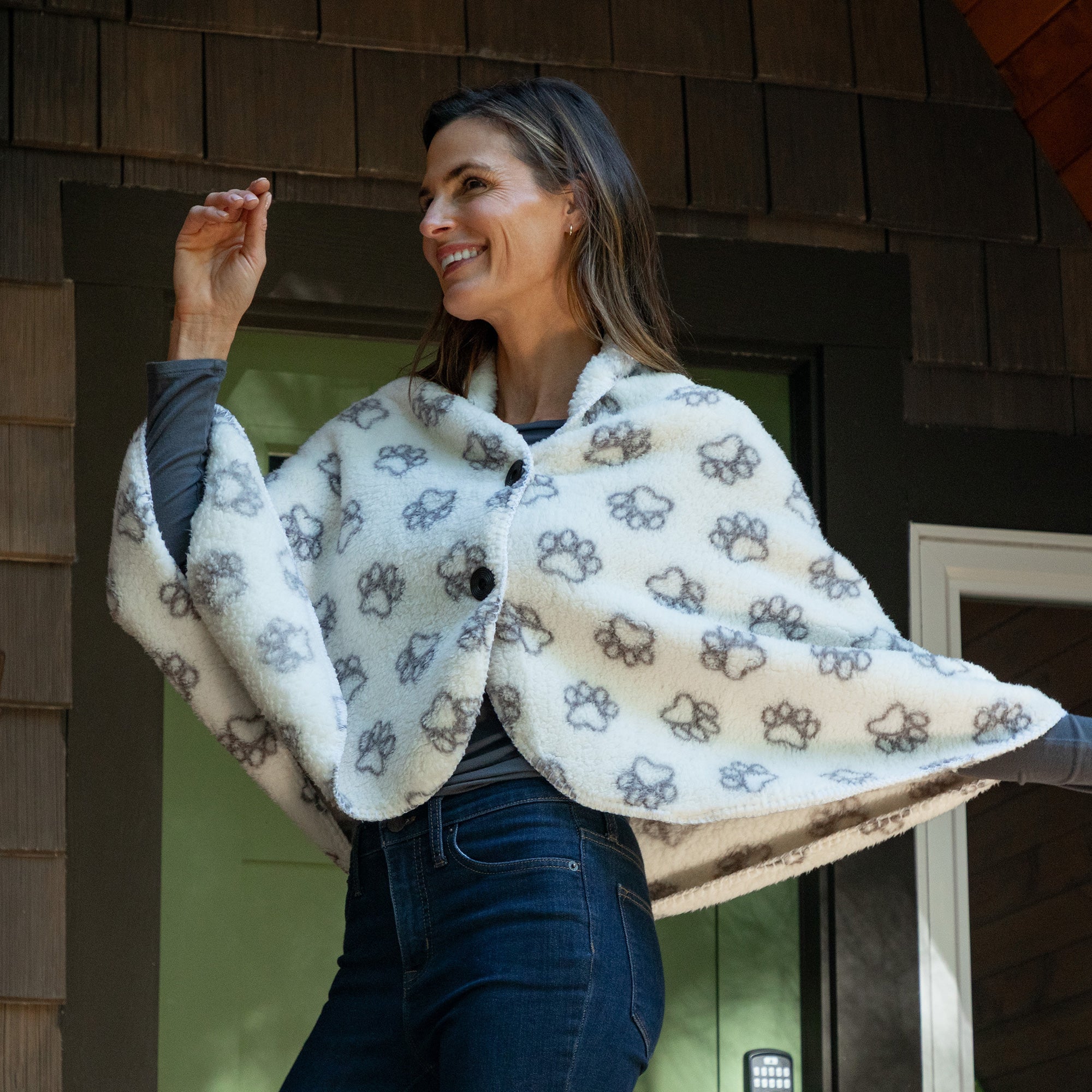 Paw Print Outline Sherpa Fleece Two Button Cape