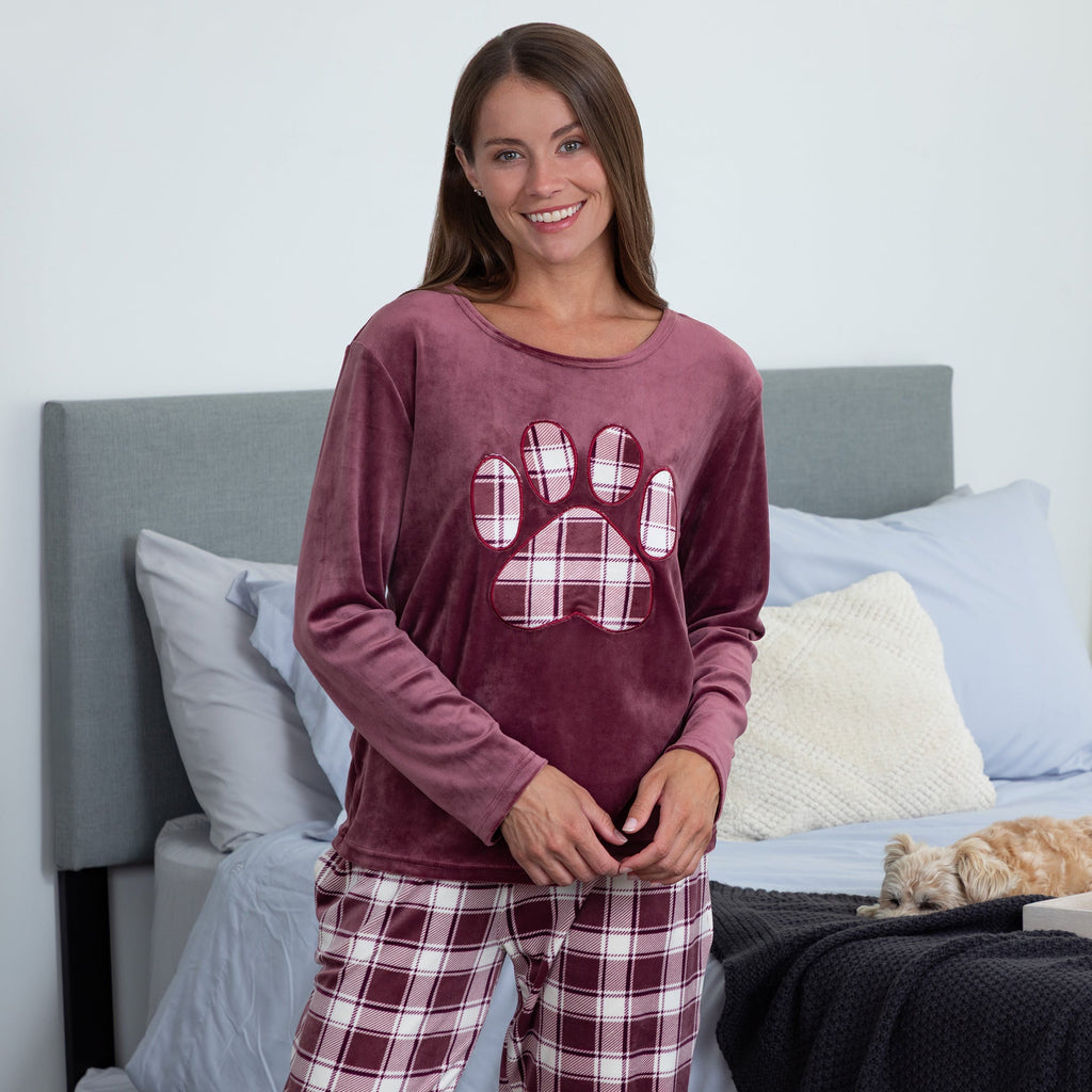 Cozy Plaid Paw Velour Pajama Set