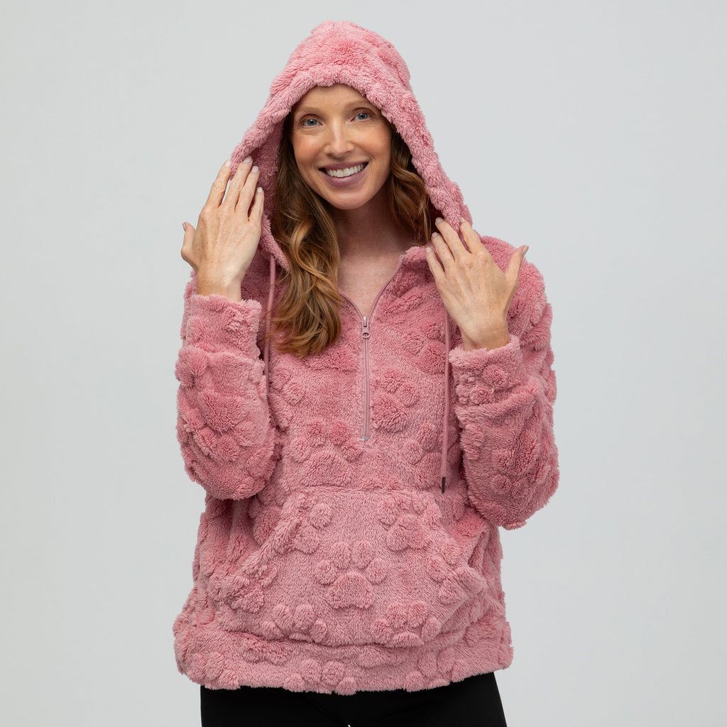 Raised Paw Print Sherpa Fleece Quarter Zip Hoodie with Kangaroo Pocket