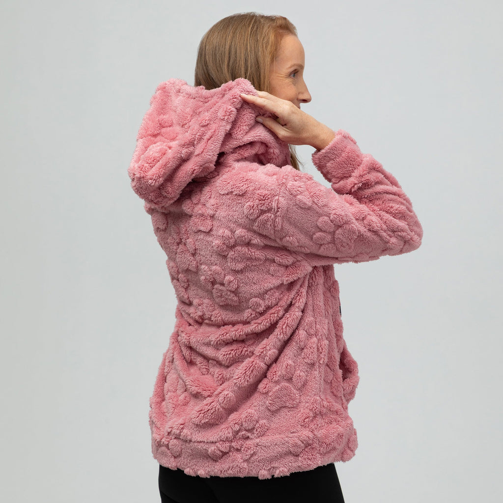 Raised Paw Print Sherpa Fleece Quarter Zip Hoodie with Kangaroo Pocket