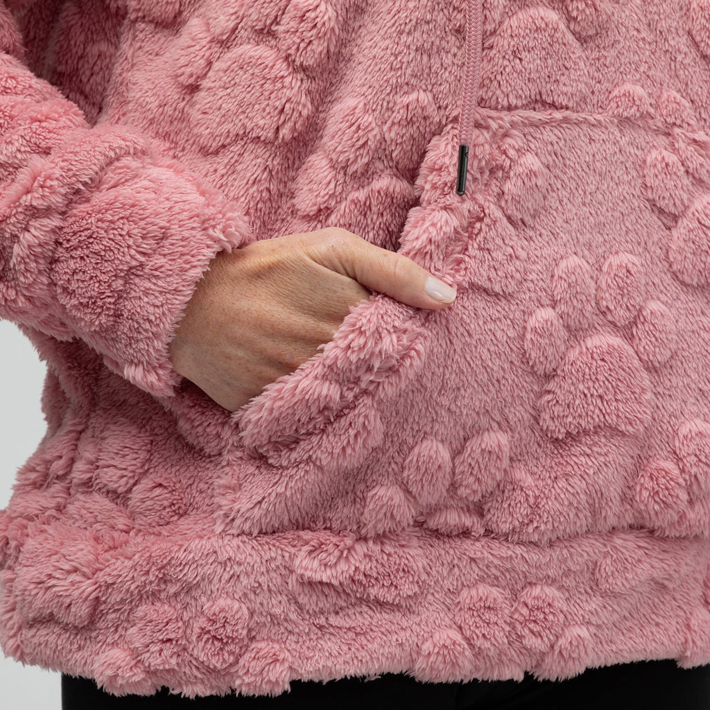 Raised Paw Print Sherpa Fleece Quarter Zip Hoodie with Kangaroo Pocket