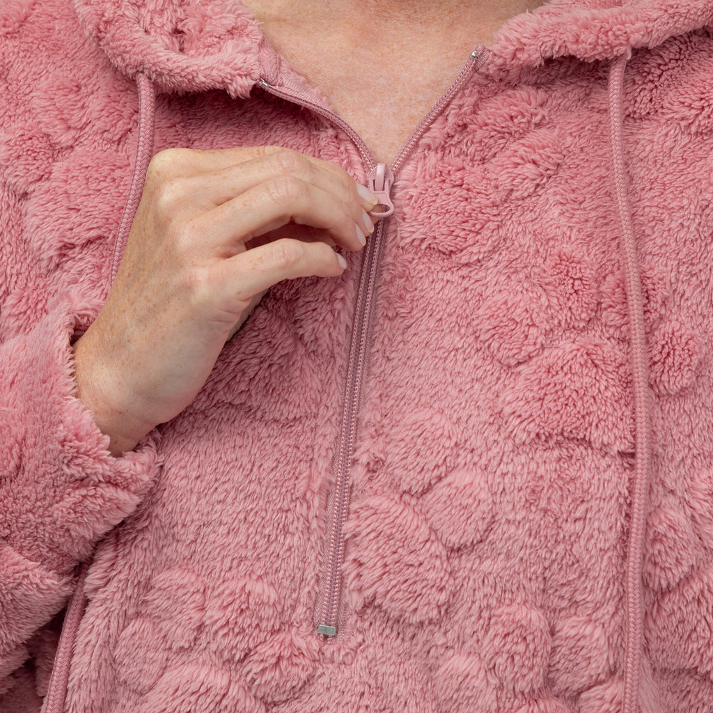 Raised Paw Print Sherpa Fleece Quarter Zip Hoodie with Kangaroo Pocket