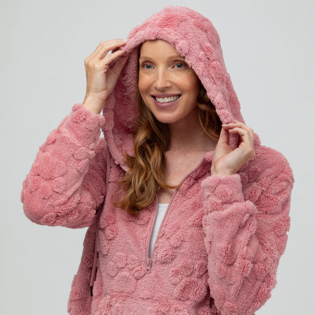 Raised Paw Print Sherpa Fleece Quarter Zip Hoodie with Kangaroo Pocket