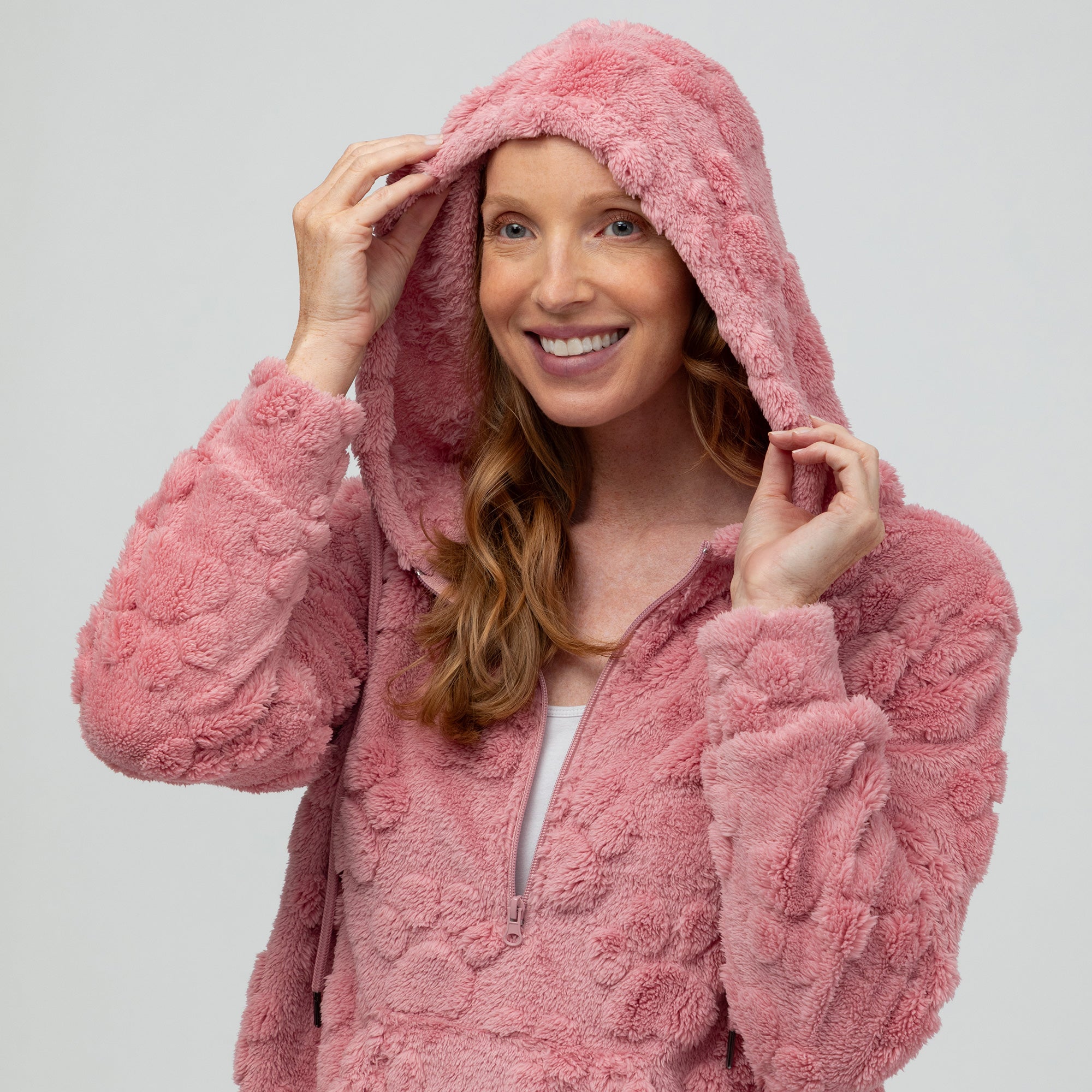 Raised Paw Print Sherpa Fleece Quarter Zip Hoodie with Kangaroo Pocket