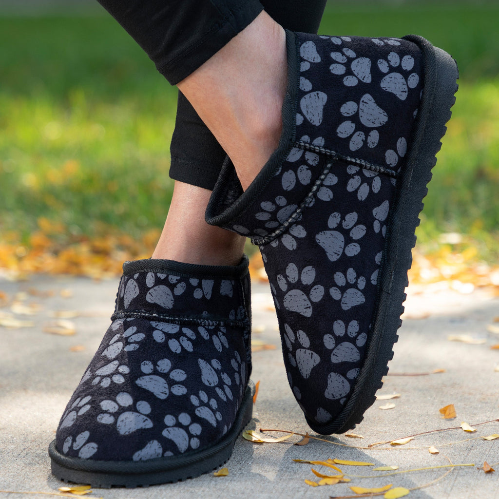 All Over Paws Faux Suede Slide-in Ankle Boots