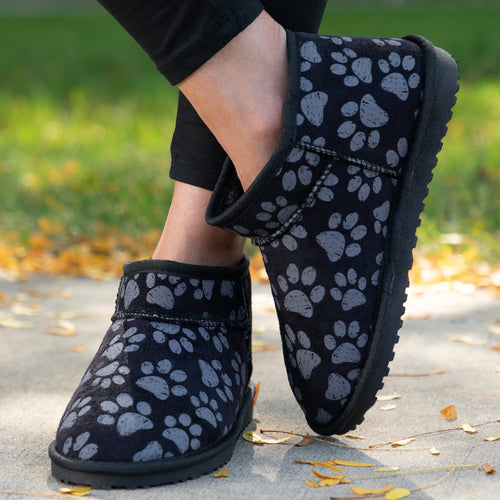 All Over Paws Faux Suede Slide-in Ankle Boots