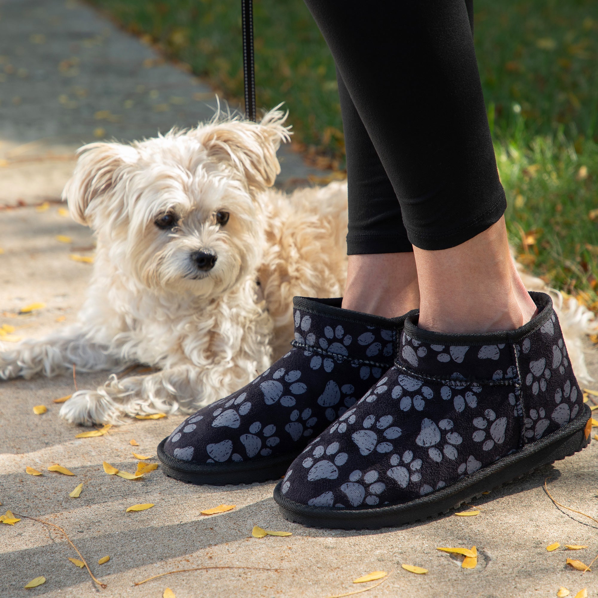 All Over Paws Faux Suede Slide-in Ankle Boots