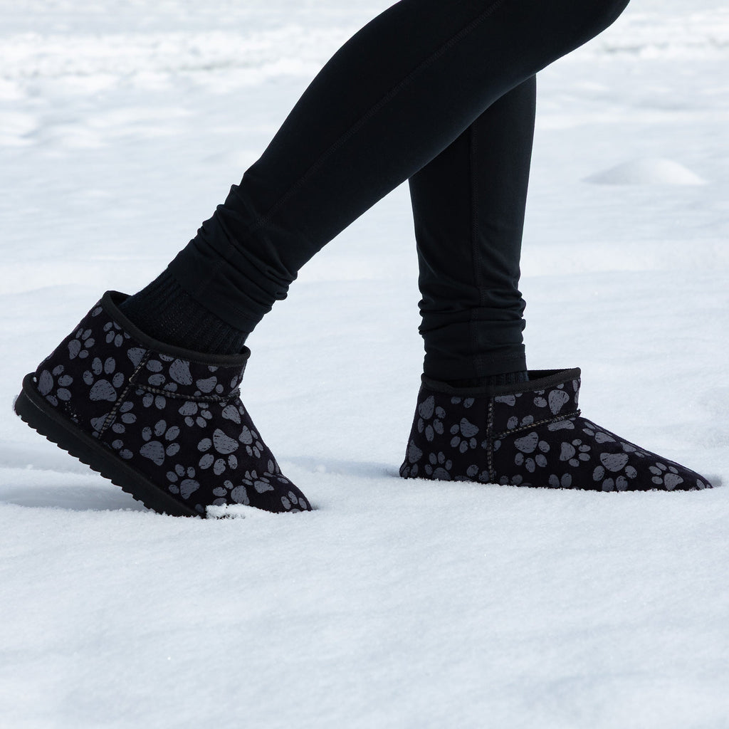 All Over Paws Faux Suede Slide-in Ankle Boots