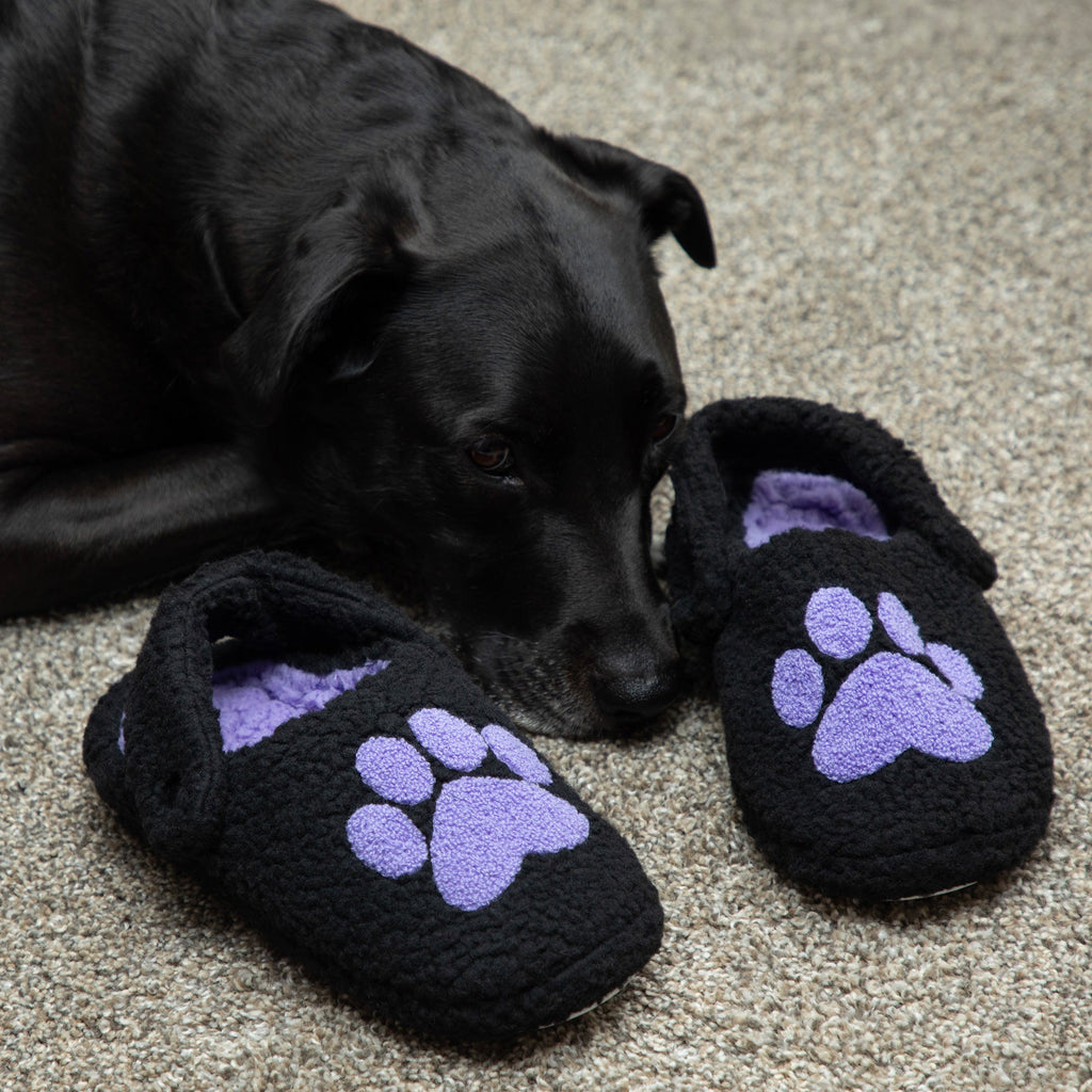 Sherpa Fleece Paw Print Slippers with Elastic Heel Strap