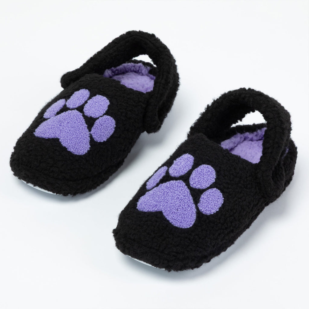 Sherpa Fleece Paw Print Slippers with Elastic Heel Strap