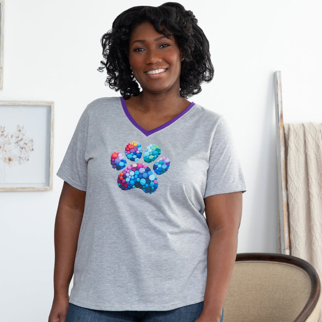 Rainbow Bubble Joy Paw Contrast V-Neck Tee