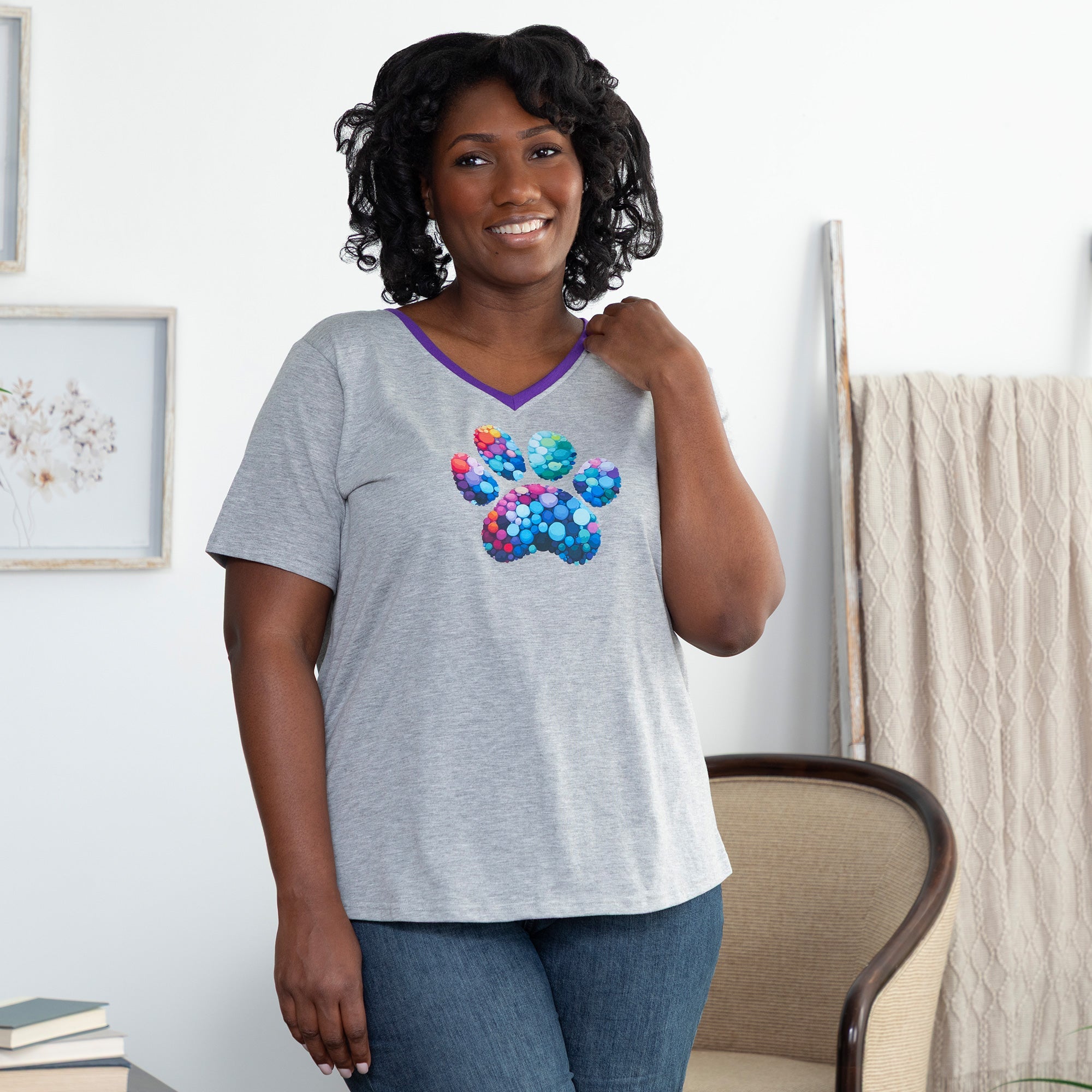 Rainbow Bubble Joy Paw Contrast V-Neck Tee