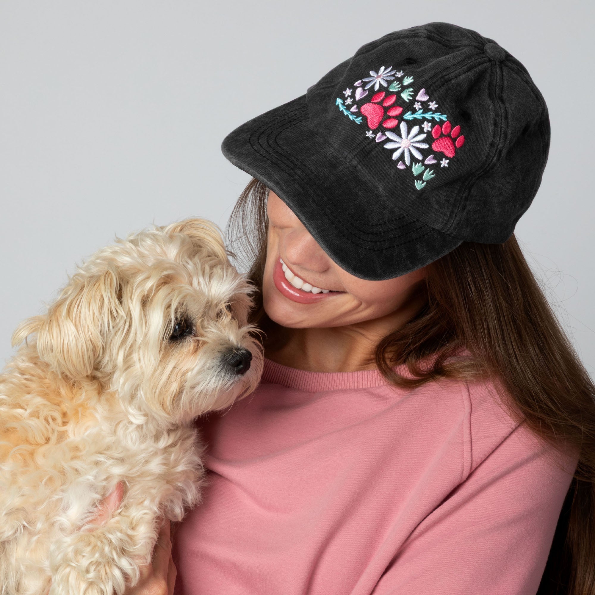 Paw & Floral Soft Distressed Cotton Baseball Cap