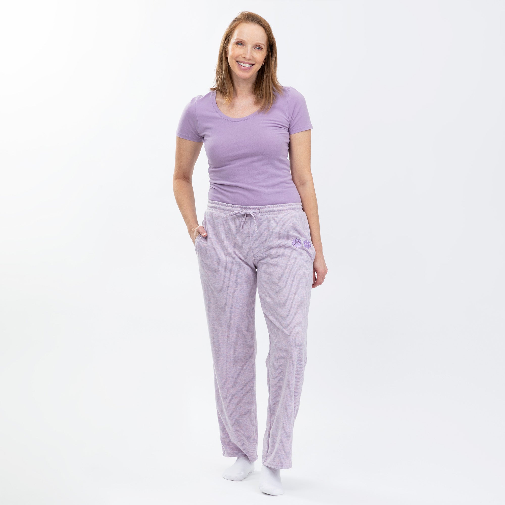 Soft Melange Paw Print Purple Rib Knit Pants