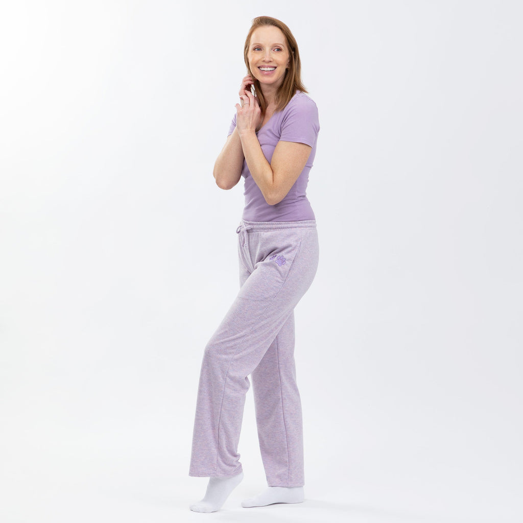 Soft Melange Paw Print Purple Rib Knit Pants