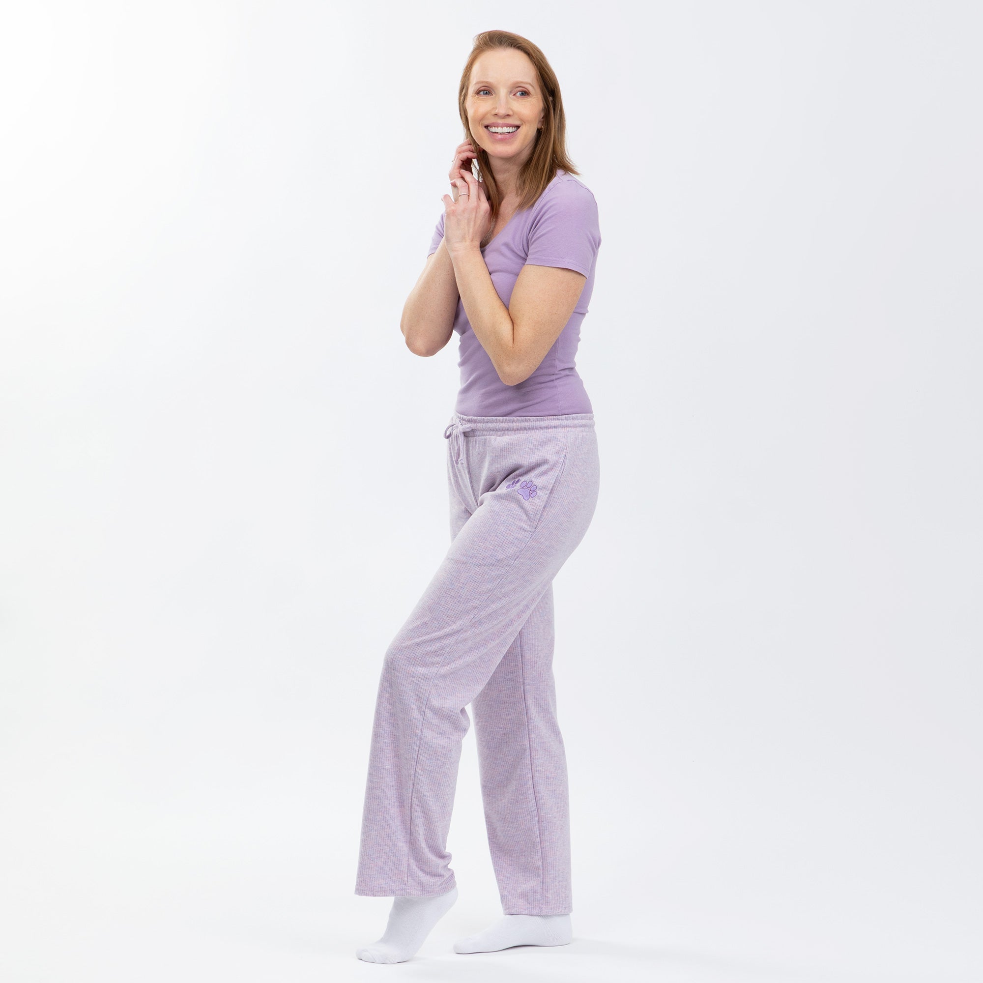 Soft Melange Paw Print Purple Rib Knit Pants