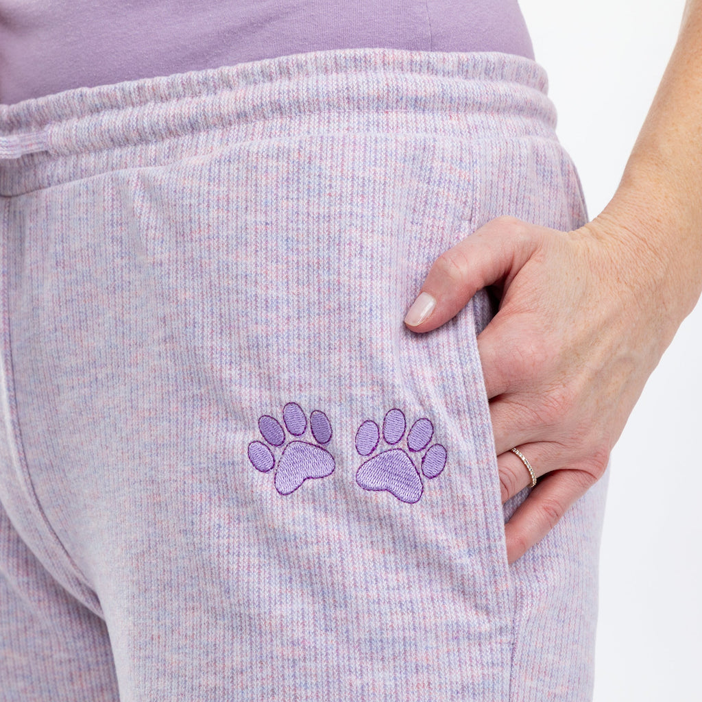 Soft Melange Paw Print Purple Rib Knit Pants
