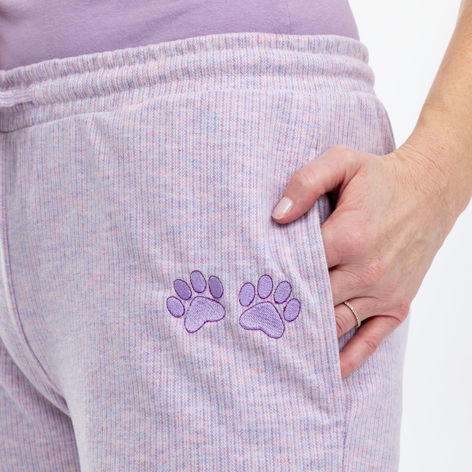 Soft Melange Paw Print Purple Rib Knit Pants