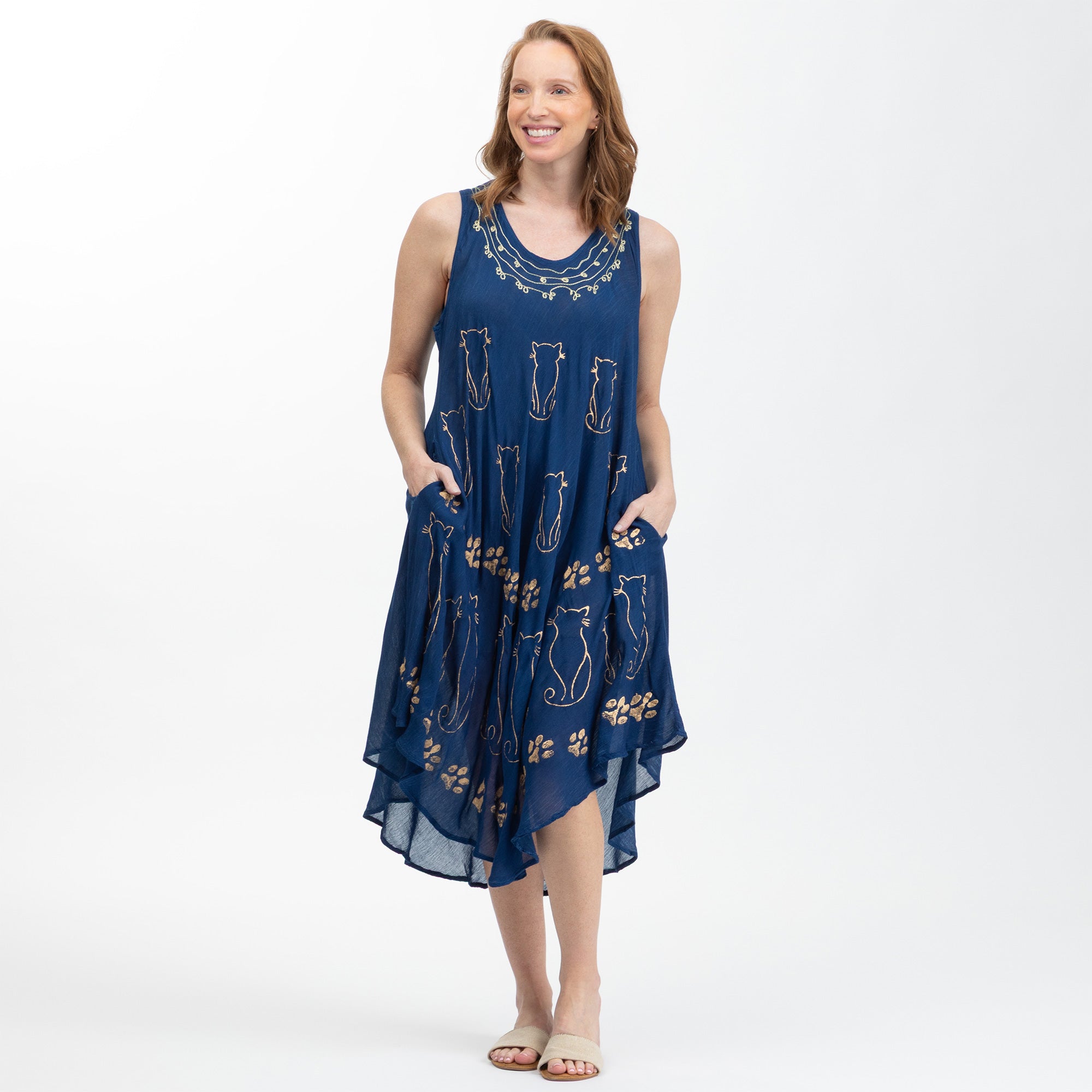 Golden Cats Sleeveless Lightweight Dress with Pockets