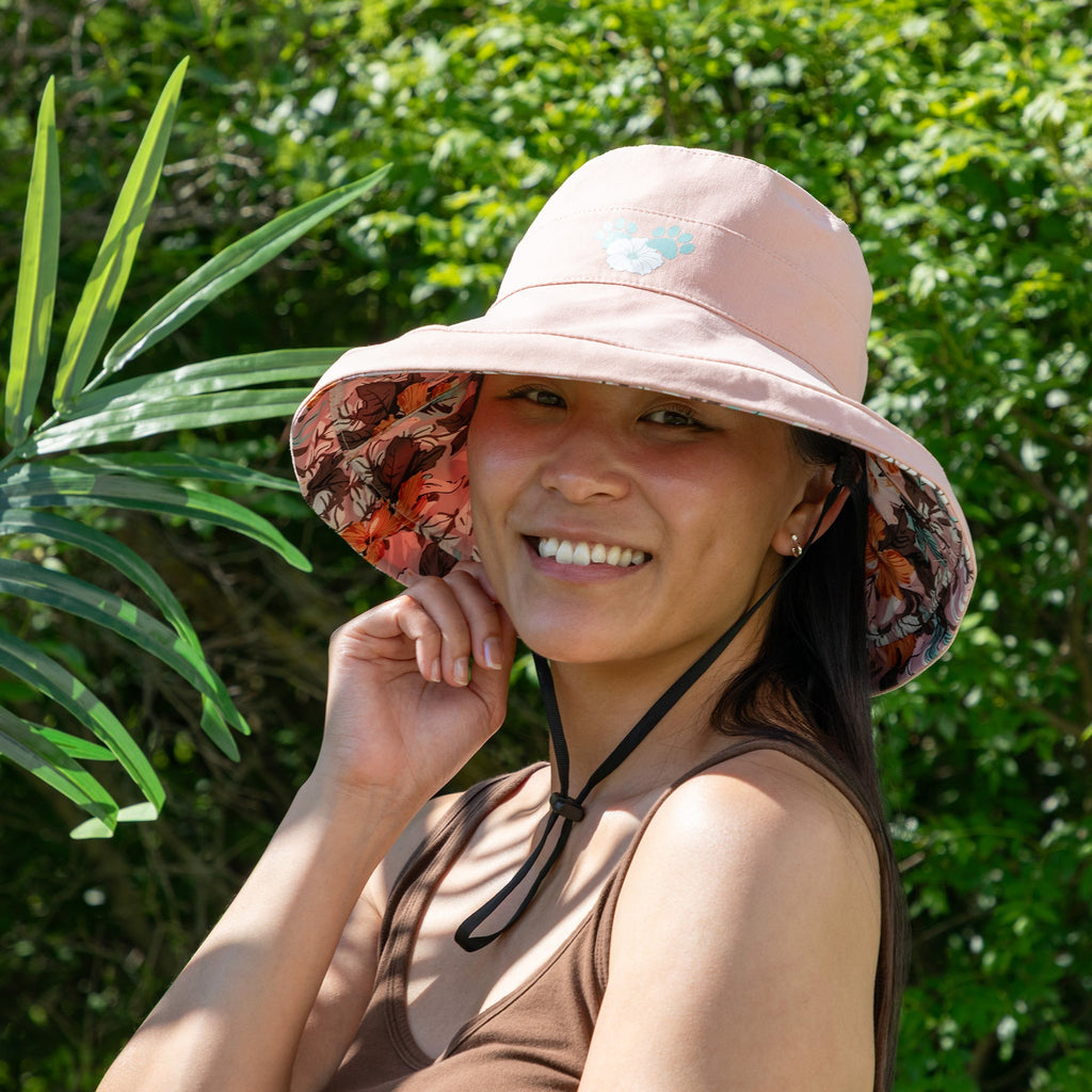 Reversible Paw & Tropical Wide Brim Sun Hat with Adjustable Chin Strap
