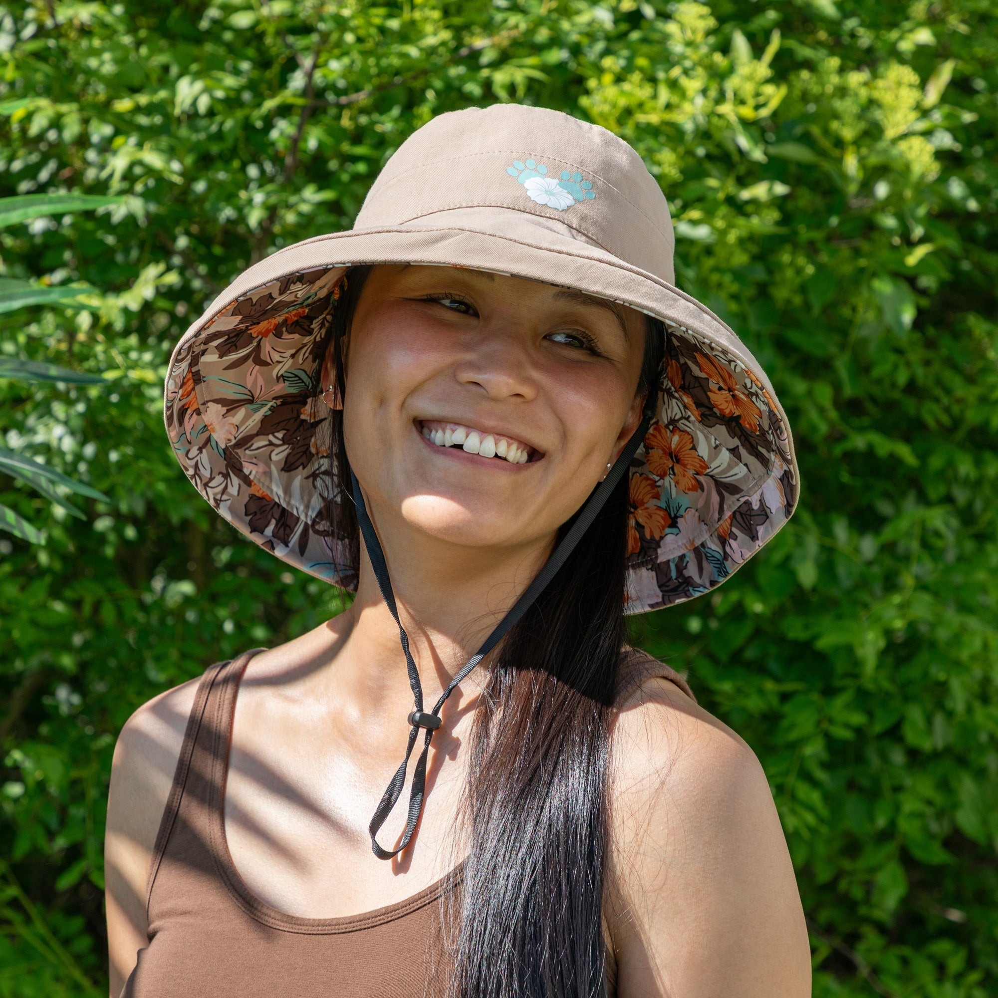 Reversible Paw & Tropical Wide Brim Sun Hat with Adjustable Chin Strap