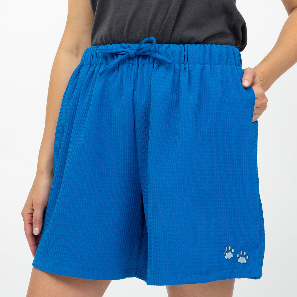 Embroidered Paw Print Waffle Knit Shorts with Pockets
