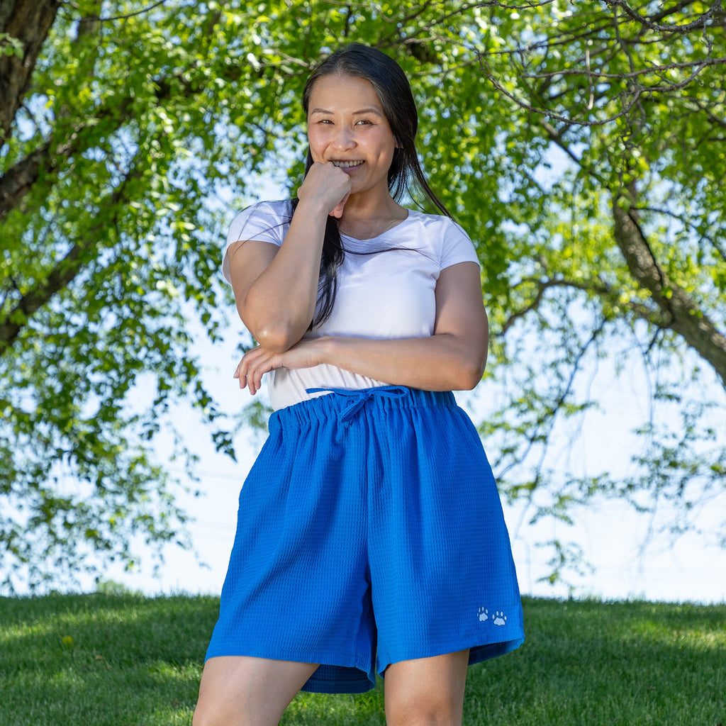 Embroidered Paw Print Waffle Knit Shorts with Pockets