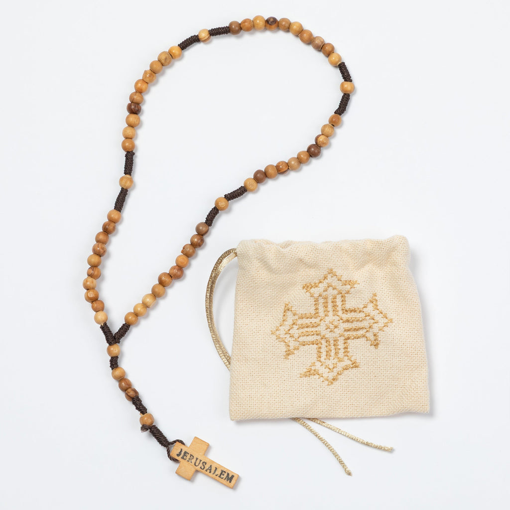 Handmade Olivewood Rosary | Prayer Beads with Embroidered Bag