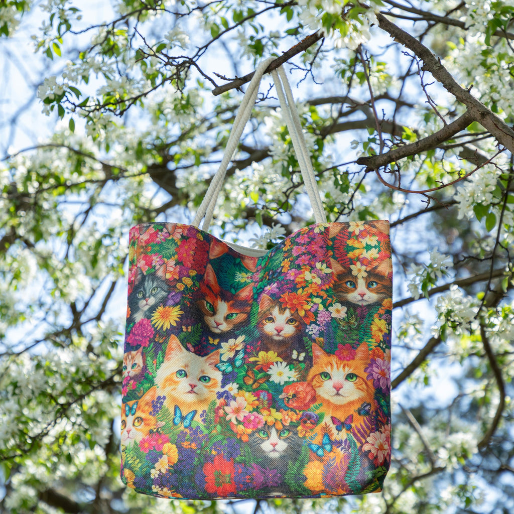Colorful Floral Cat Tote Bag with Rope Handles