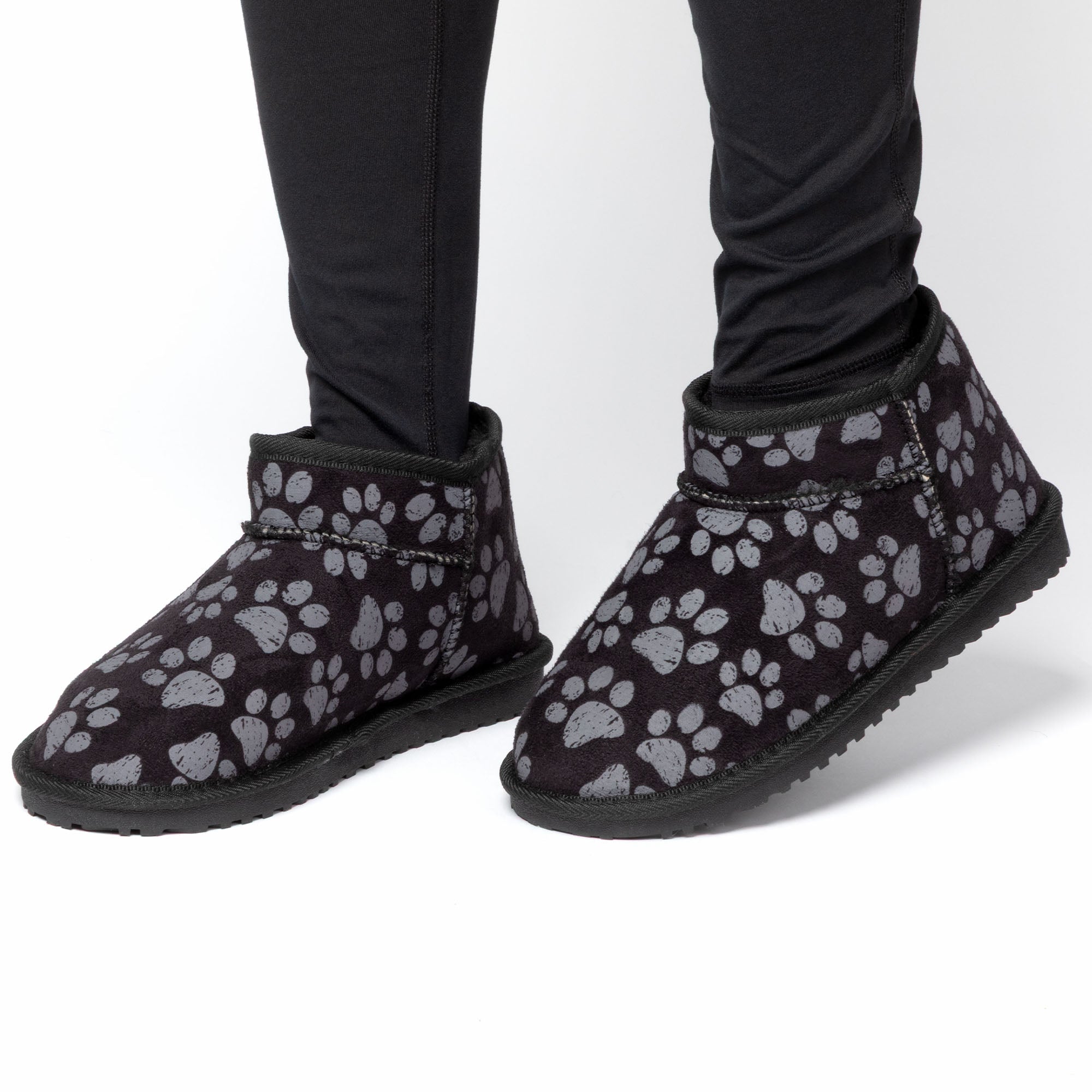 All Over Paws Faux Suede Slide-in Ankle Boots