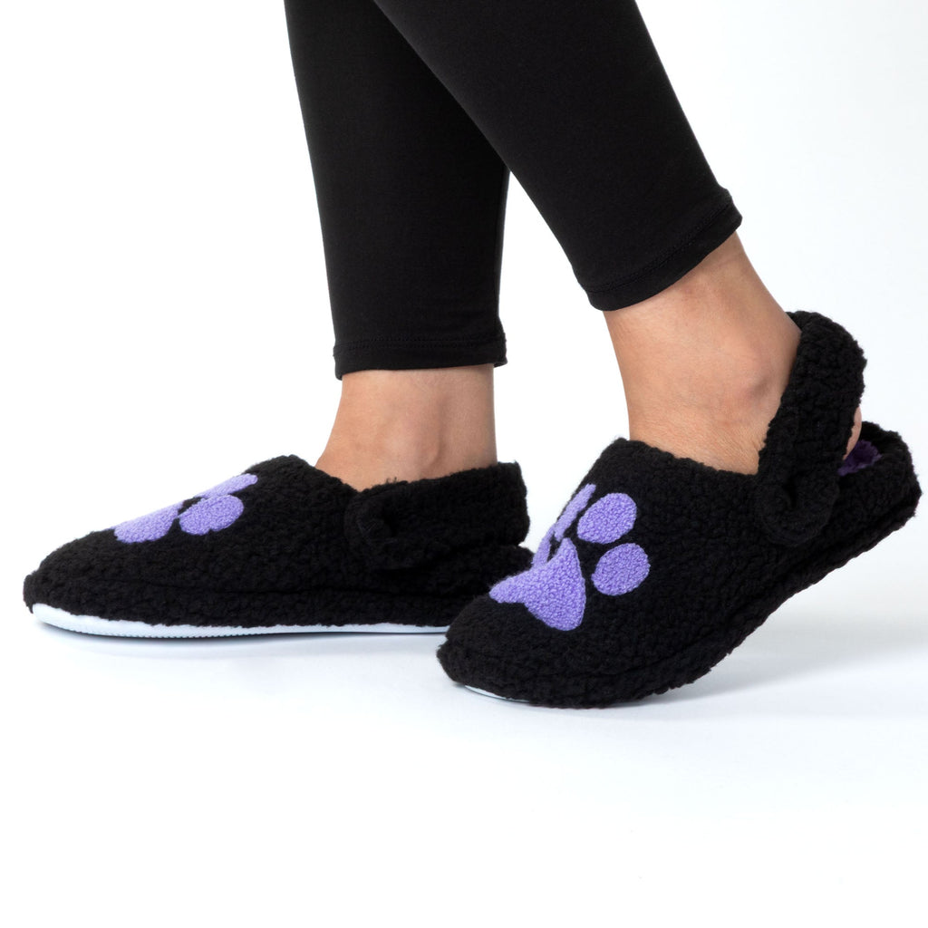 Sherpa Fleece Paw Print Slippers with Elastic Heel Strap