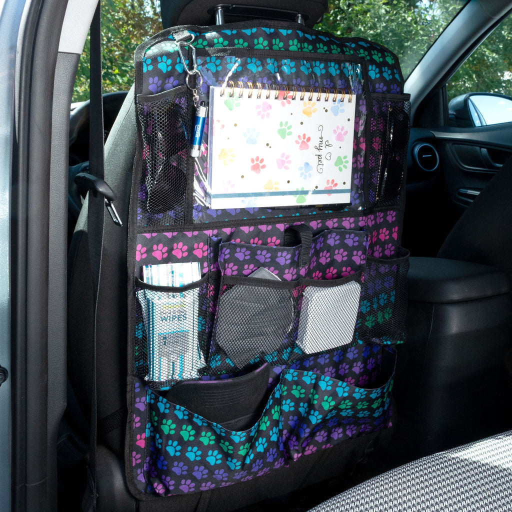 Paw Print Car Backseat Organizer with 10 Storage Pockets & Touch Screen Tablet Holder
