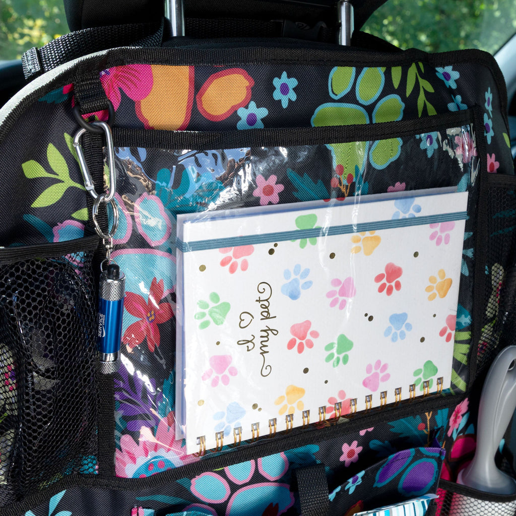 Paw Print Car Backseat Organizer with 10 Storage Pockets & Touch Screen Tablet Holder