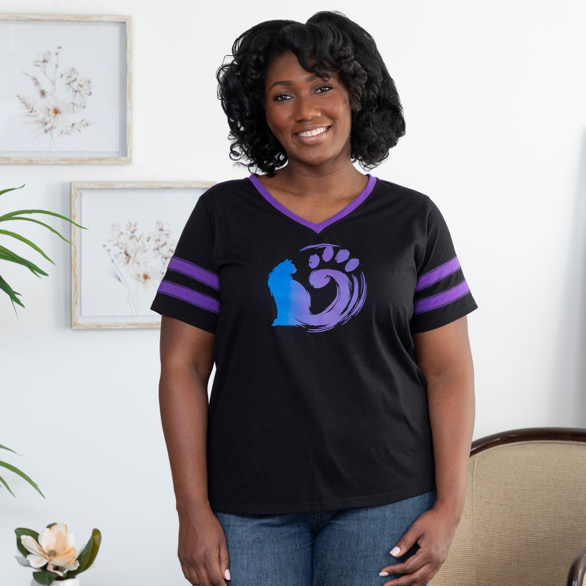 Painted Cat V-Neck Football Tee