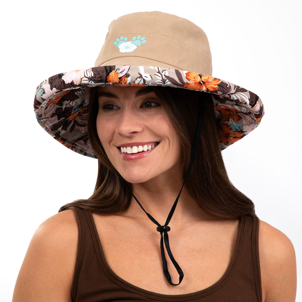 Reversible Paw & Tropical Wide Brim Sun Hat with Adjustable Chin Strap