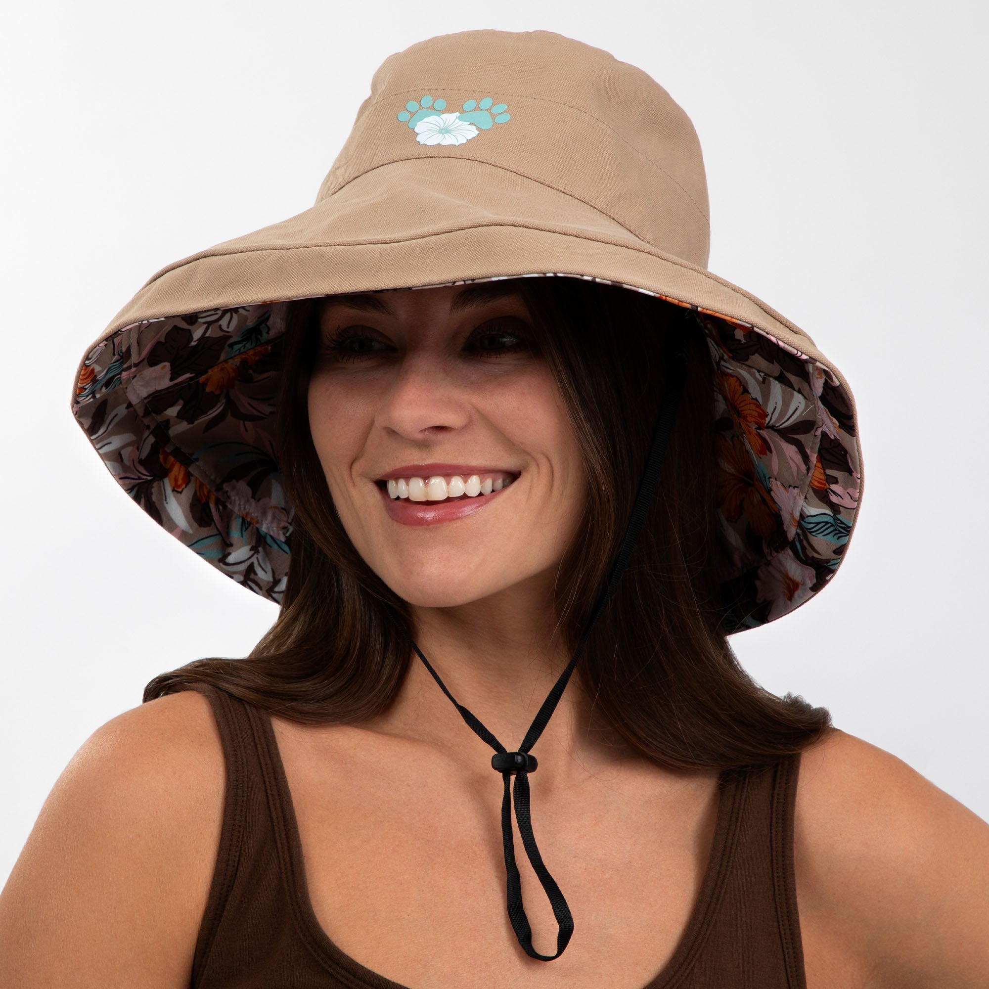 Reversible Paw & Tropical Wide Brim Sun Hat with Adjustable Chin Strap