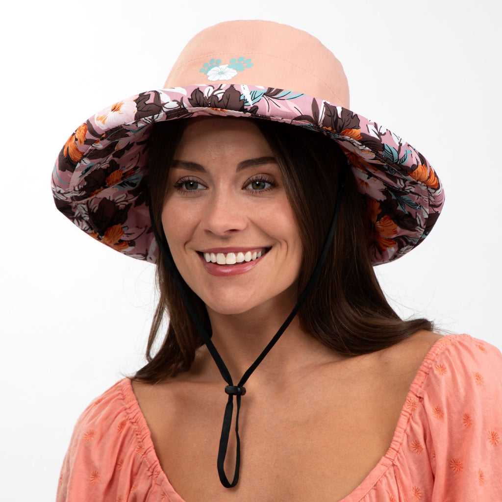 Reversible Paw & Tropical Wide Brim Sun Hat with Adjustable Chin Strap