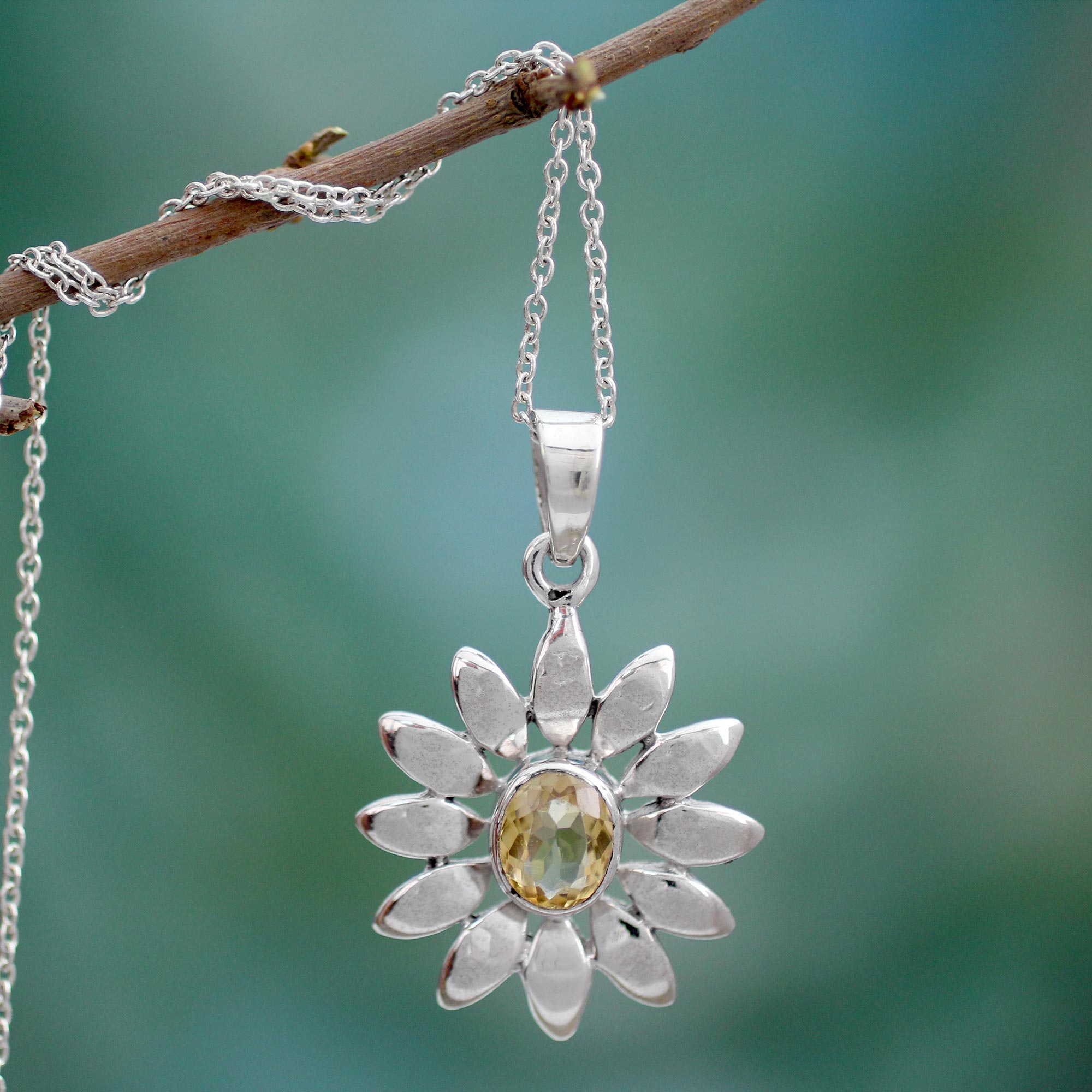 Sunflower Citrine & Silver Pendant Necklace