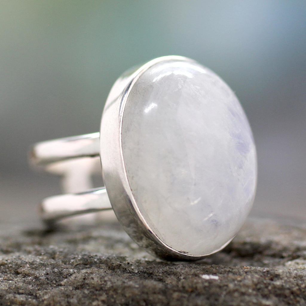 Radiant Light Rainbow Moonstone Silver Cocktail Ring