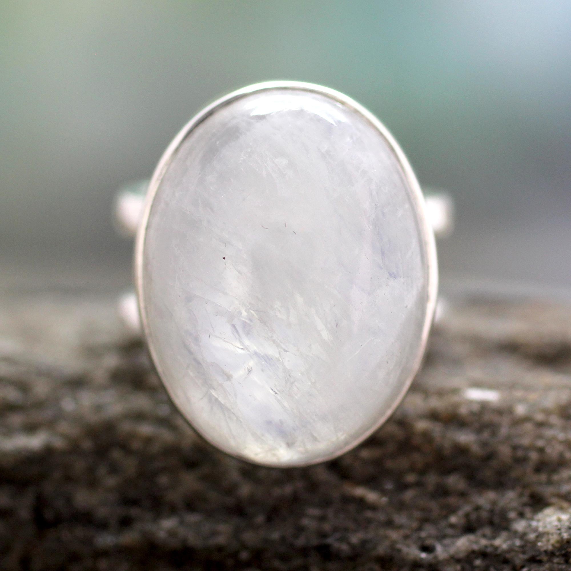 Radiant Light Rainbow Moonstone Silver Cocktail Ring