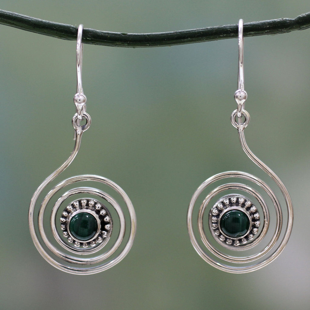 Spiral Forest Malachite & Silver Dangle Earrings