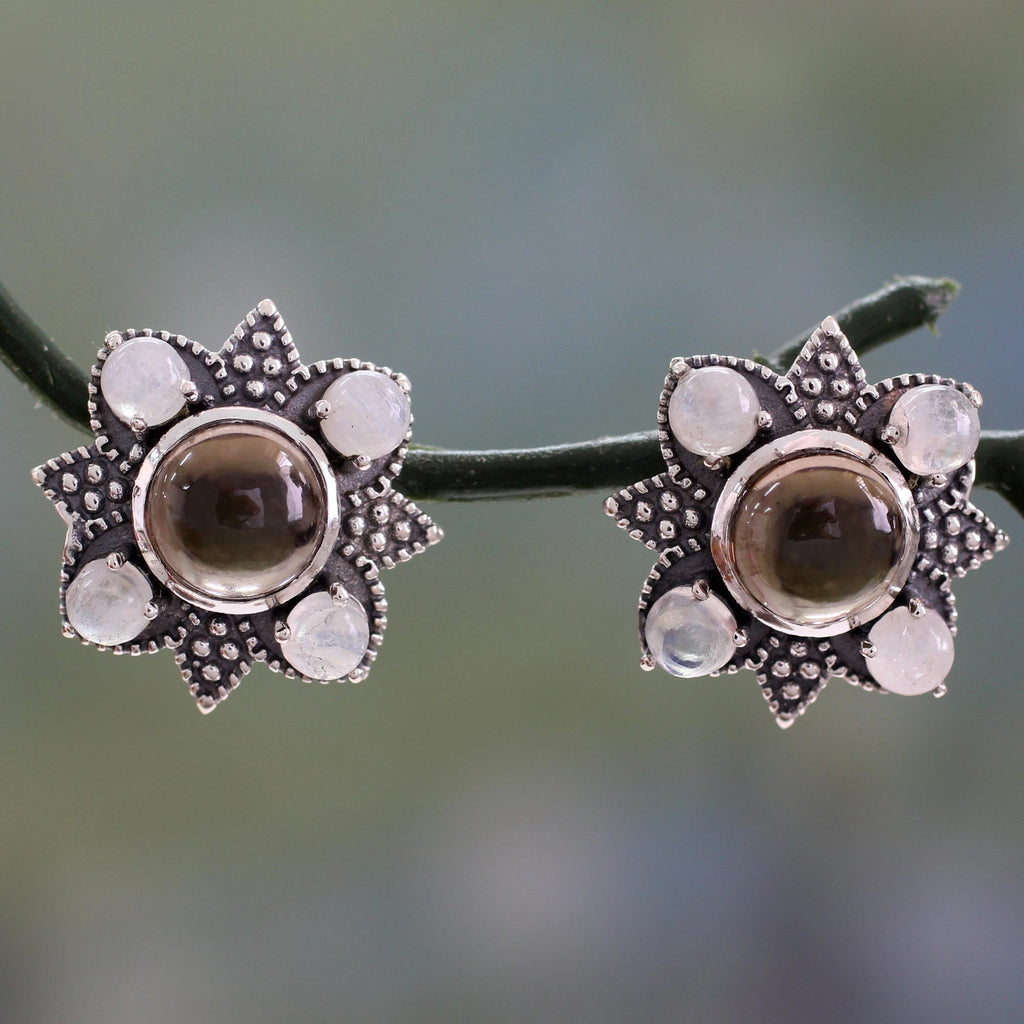 Mughal Moonlight Smoky Quartz & Silver Button Earrings
