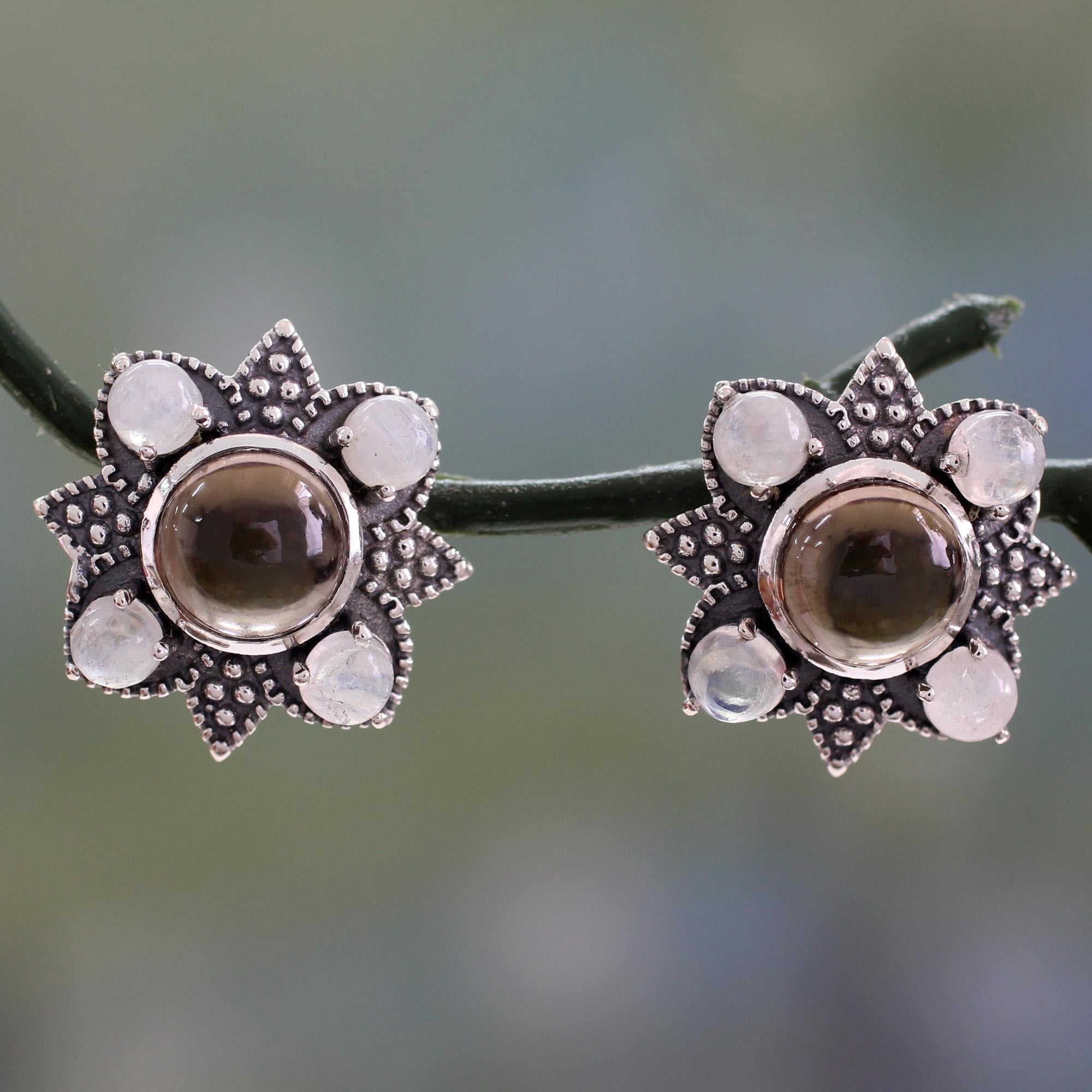 Mughal Moonlight Smoky Quartz & Silver Button Earrings