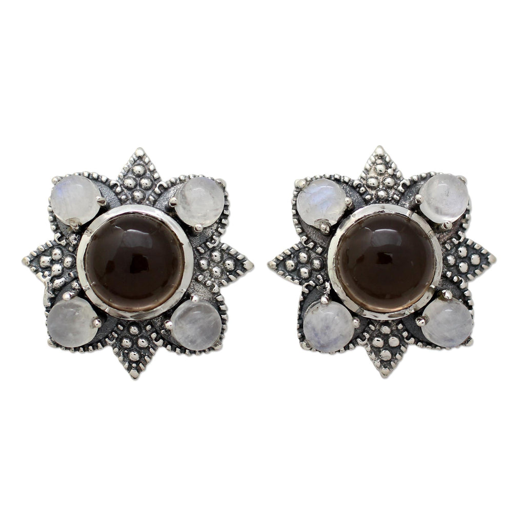 Mughal Moonlight Smoky Quartz & Silver Button Earrings